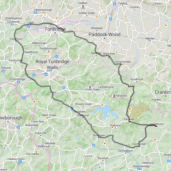 Map miniature of "The Hawkhurst Challenge" cycling inspiration in Kent, United Kingdom. Generated by Tarmacs.app cycling route planner