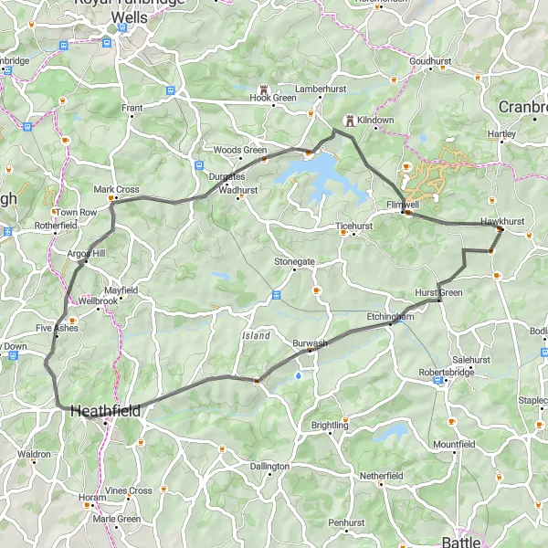 Map miniature of "Hawkhurst Loop" cycling inspiration in Kent, United Kingdom. Generated by Tarmacs.app cycling route planner