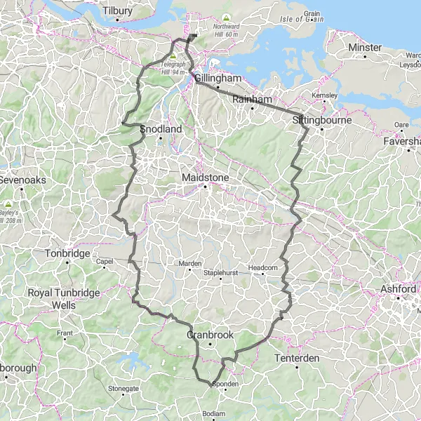 Map miniature of "Hawkhurst Countryside Challenge" cycling inspiration in Kent, United Kingdom. Generated by Tarmacs.app cycling route planner