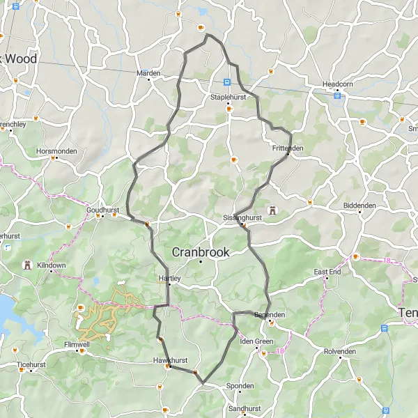 Map miniature of "Hawkhurst Hills" cycling inspiration in Kent, United Kingdom. Generated by Tarmacs.app cycling route planner