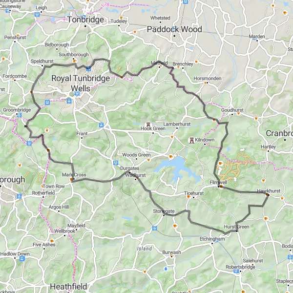 Map miniature of "Hawkhurst and Surrounding Villages" cycling inspiration in Kent, United Kingdom. Generated by Tarmacs.app cycling route planner