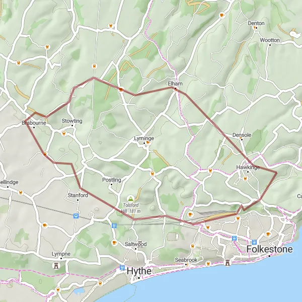 Map miniature of "The Gravel Hills of Hawkinge" cycling inspiration in Kent, United Kingdom. Generated by Tarmacs.app cycling route planner