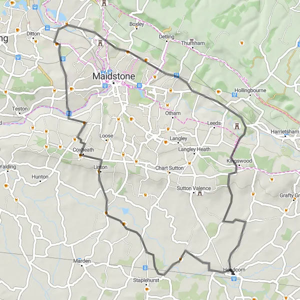 Map miniature of "Headcorn to Leeds Castle Circular Route" cycling inspiration in Kent, United Kingdom. Generated by Tarmacs.app cycling route planner