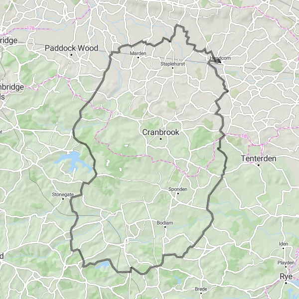 Map miniature of "Headcorn to Cross-at-Hand Circular Route" cycling inspiration in Kent, United Kingdom. Generated by Tarmacs.app cycling route planner