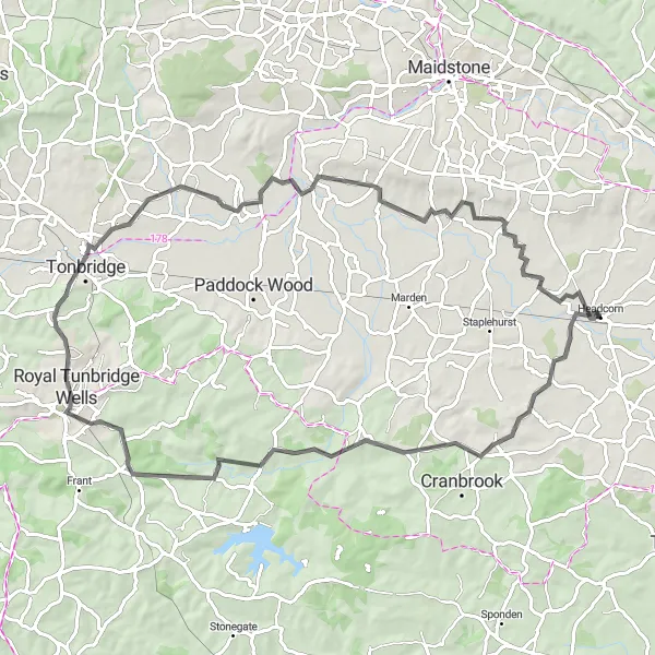 Map miniature of "Headcorn to East Peckham Loop" cycling inspiration in Kent, United Kingdom. Generated by Tarmacs.app cycling route planner