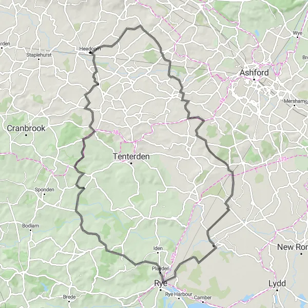 Map miniature of "Headcorn to Rye Loop" cycling inspiration in Kent, United Kingdom. Generated by Tarmacs.app cycling route planner