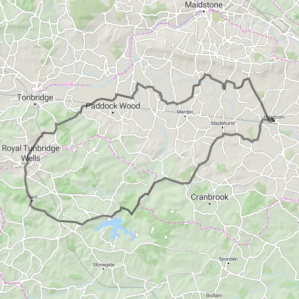Map miniature of "Headcorn to Sutton Valence Loop" cycling inspiration in Kent, United Kingdom. Generated by Tarmacs.app cycling route planner