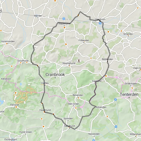 Map miniature of "Headcorn to Staplehurst Loop" cycling inspiration in Kent, United Kingdom. Generated by Tarmacs.app cycling route planner