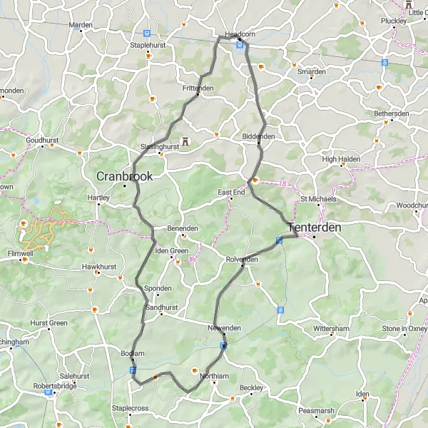 Map miniature of "Headcorn to Bodiam Castle Loop" cycling inspiration in Kent, United Kingdom. Generated by Tarmacs.app cycling route planner
