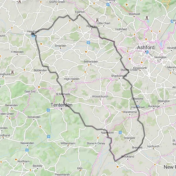 Map miniature of "Headcorn to Tenterden Loop" cycling inspiration in Kent, United Kingdom. Generated by Tarmacs.app cycling route planner