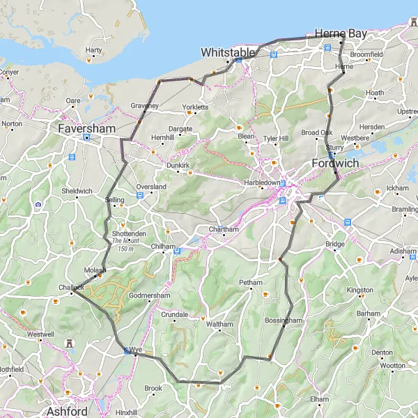 Map miniature of "Herne Bay to Clock Tower Loop" cycling inspiration in Kent, United Kingdom. Generated by Tarmacs.app cycling route planner