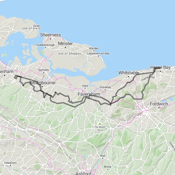 Map miniature of "Herne Bay to Chestfield Loop" cycling inspiration in Kent, United Kingdom. Generated by Tarmacs.app cycling route planner