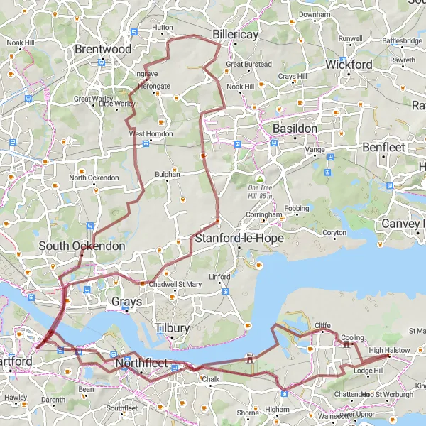 Map miniature of "The Medway Gravel Adventure" cycling inspiration in Kent, United Kingdom. Generated by Tarmacs.app cycling route planner