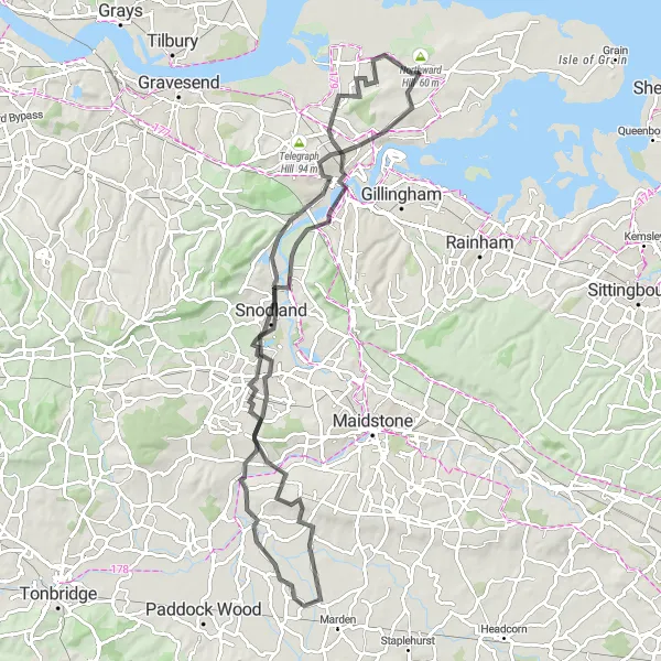 Map miniature of "Challenging Road Cycling Route with Riverside Views" cycling inspiration in Kent, United Kingdom. Generated by Tarmacs.app cycling route planner