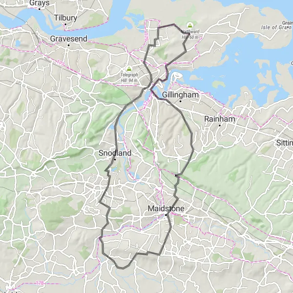 Map miniature of "Picturesque Road Cycling Route Through Kent Countryside" cycling inspiration in Kent, United Kingdom. Generated by Tarmacs.app cycling route planner