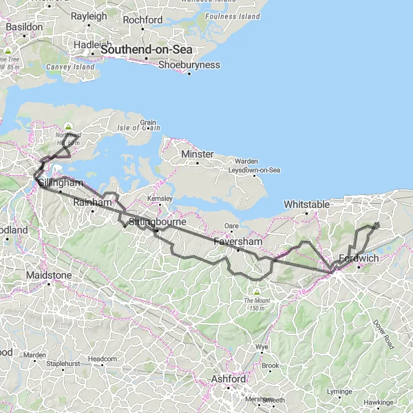 Map miniature of "The Canterbury Challenge" cycling inspiration in Kent, United Kingdom. Generated by Tarmacs.app cycling route planner
