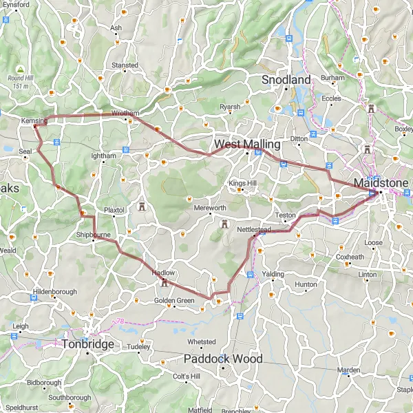 Map miniature of "Maidstone Gravel Loop" cycling inspiration in Kent, United Kingdom. Generated by Tarmacs.app cycling route planner