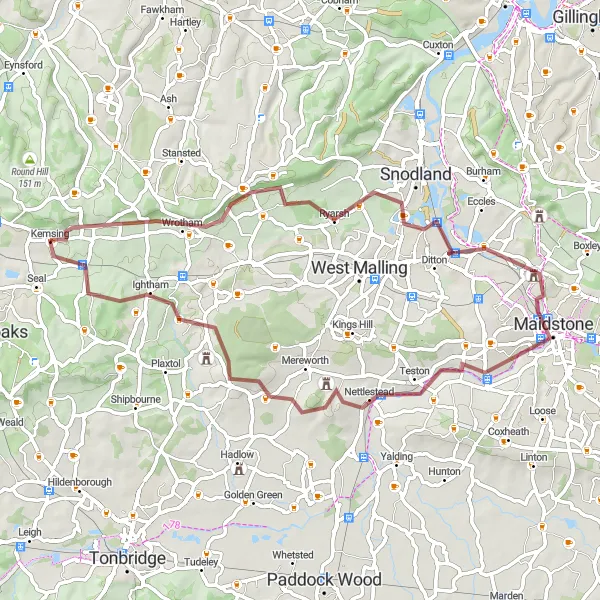 Map miniature of "Kentish Gravel Adventure" cycling inspiration in Kent, United Kingdom. Generated by Tarmacs.app cycling route planner