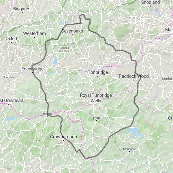 Map miniature of "The Ultimate Kent Hills Challenge" cycling inspiration in Kent, United Kingdom. Generated by Tarmacs.app cycling route planner