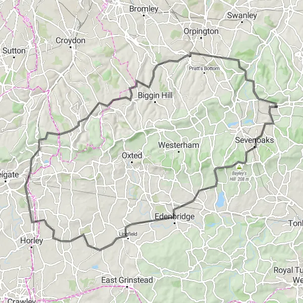 Map miniature of "Sevenoaks Loop" cycling inspiration in Kent, United Kingdom. Generated by Tarmacs.app cycling route planner