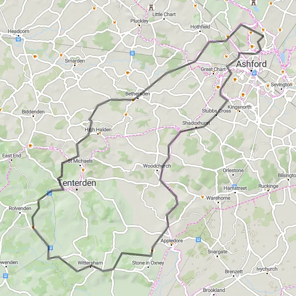 Map miniature of "Through the Countryside" cycling inspiration in Kent, United Kingdom. Generated by Tarmacs.app cycling route planner