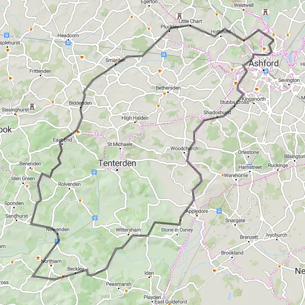 Map miniature of "Kentish Countryside Loop" cycling inspiration in Kent, United Kingdom. Generated by Tarmacs.app cycling route planner