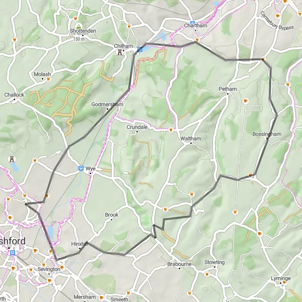 Map miniature of "Kennington to Chilham Loop" cycling inspiration in Kent, United Kingdom. Generated by Tarmacs.app cycling route planner