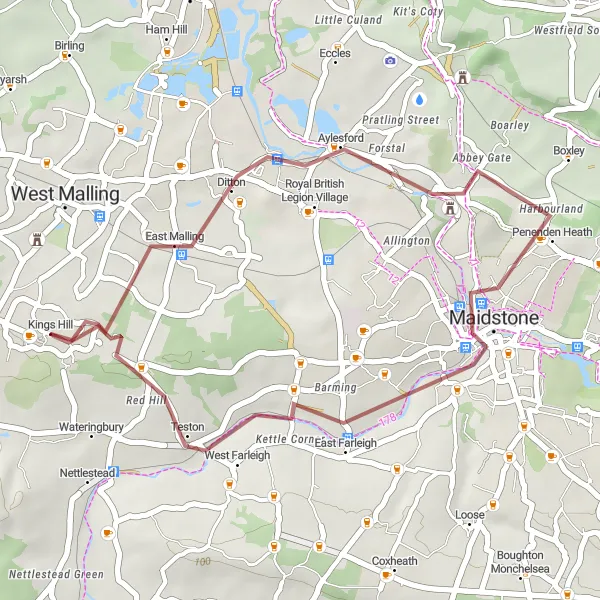 Map miniature of "Gravel Route: Allington Castle Loop" cycling inspiration in Kent, United Kingdom. Generated by Tarmacs.app cycling route planner