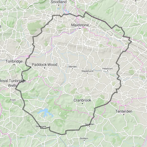 Map miniature of "The Ultimate Road Cycling Challenge" cycling inspiration in Kent, United Kingdom. Generated by Tarmacs.app cycling route planner