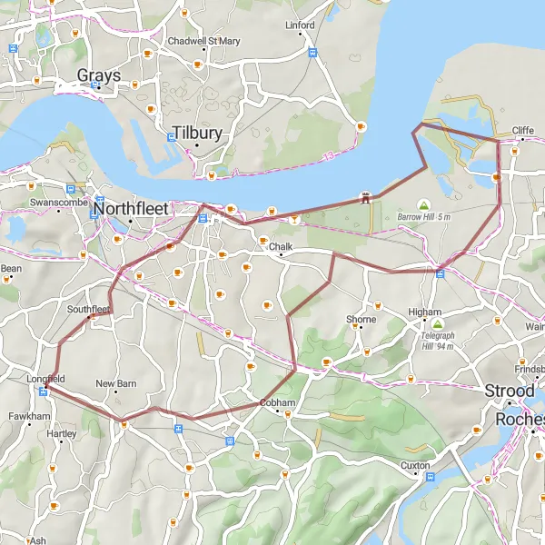 Map miniature of "Gravesend Loop Gravel Ride" cycling inspiration in Kent, United Kingdom. Generated by Tarmacs.app cycling route planner