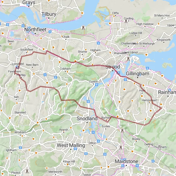 Map miniature of "Longfield to Meopham Gravel Adventure" cycling inspiration in Kent, United Kingdom. Generated by Tarmacs.app cycling route planner