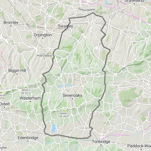 Map miniature of "Longfield to Ightham Road Challenge" cycling inspiration in Kent, United Kingdom. Generated by Tarmacs.app cycling route planner