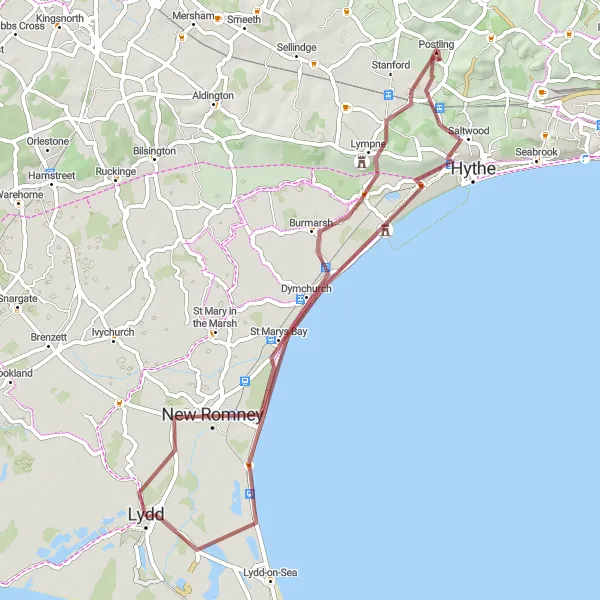 Map miniature of "Romney Marsh Gravel Route" cycling inspiration in Kent, United Kingdom. Generated by Tarmacs.app cycling route planner