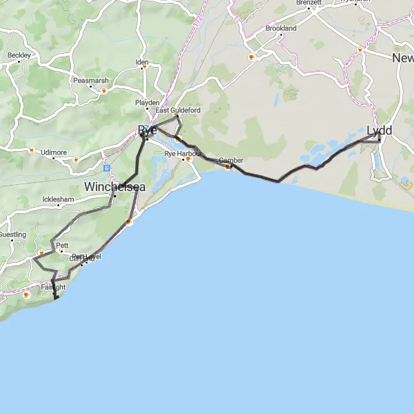 Map miniature of "Winchelsea Circular Road Route" cycling inspiration in Kent, United Kingdom. Generated by Tarmacs.app cycling route planner