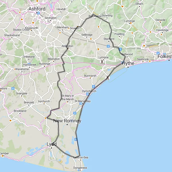 Map miniature of "Romney Marsh Road Adventure" cycling inspiration in Kent, United Kingdom. Generated by Tarmacs.app cycling route planner