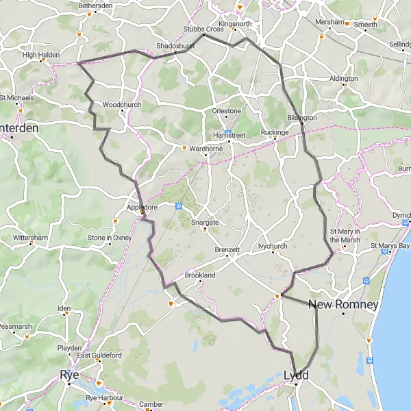 Map miniature of "Lydd and Beyond Road Cycling Route" cycling inspiration in Kent, United Kingdom. Generated by Tarmacs.app cycling route planner