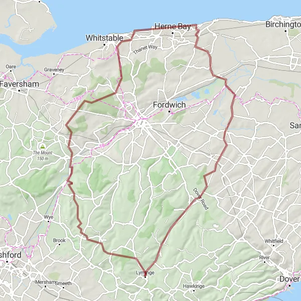 Map miniature of "Explore the Countryside: Lyminge to Elham Gravel Route" cycling inspiration in Kent, United Kingdom. Generated by Tarmacs.app cycling route planner