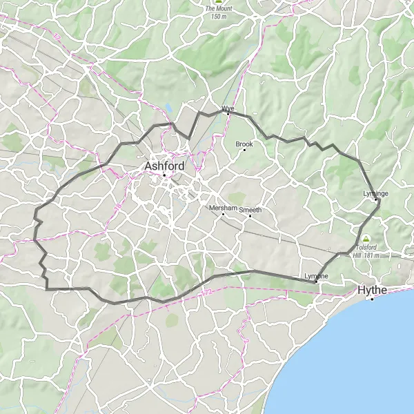 Map miniature of "Lyminge to Wye Loop" cycling inspiration in Kent, United Kingdom. Generated by Tarmacs.app cycling route planner