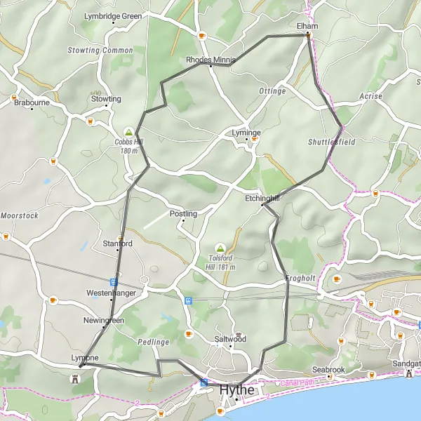 Map miniature of "Scenic Hythe Loop" cycling inspiration in Kent, United Kingdom. Generated by Tarmacs.app cycling route planner