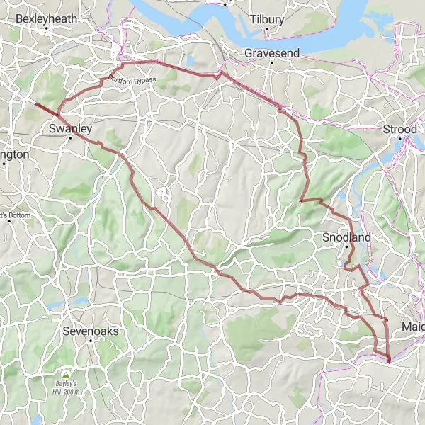Map miniature of "The Adventurous Gravel Loop" cycling inspiration in Kent, United Kingdom. Generated by Tarmacs.app cycling route planner