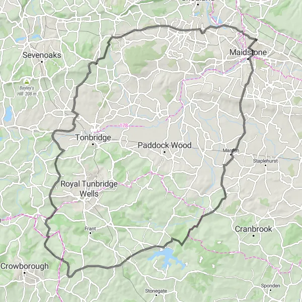 Map miniature of "The Majestic Road Loop" cycling inspiration in Kent, United Kingdom. Generated by Tarmacs.app cycling route planner