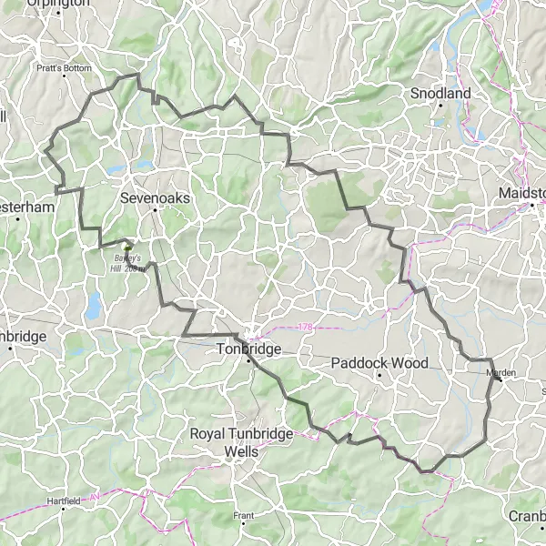 Map miniature of "The Road Challenge" cycling inspiration in Kent, United Kingdom. Generated by Tarmacs.app cycling route planner