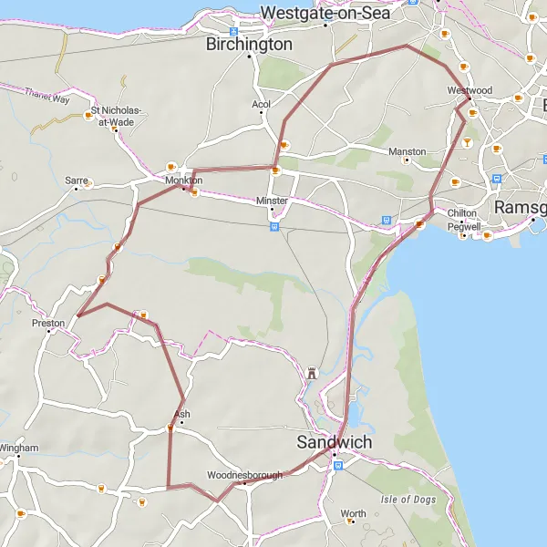 Map miniature of "Monkton Gravel Adventure" cycling inspiration in Kent, United Kingdom. Generated by Tarmacs.app cycling route planner