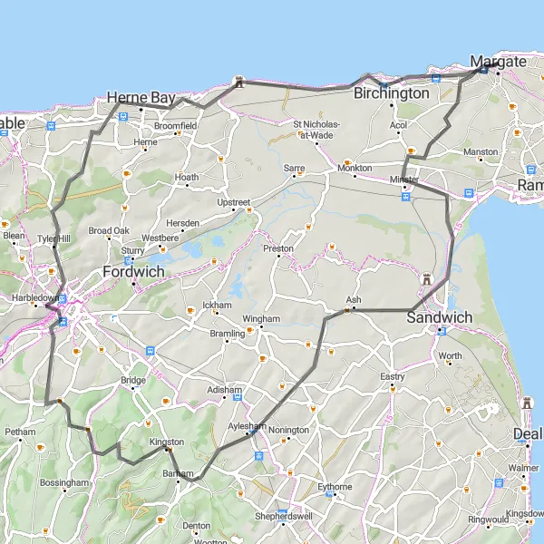 Map miniature of "Canterbury and Herne Bay Road Circuit" cycling inspiration in Kent, United Kingdom. Generated by Tarmacs.app cycling route planner