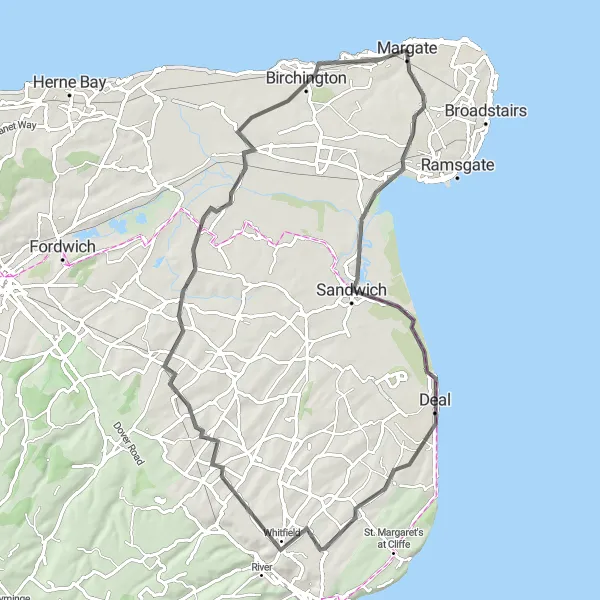 Map miniature of "Challenging Road Adventure to Aylesham" cycling inspiration in Kent, United Kingdom. Generated by Tarmacs.app cycling route planner