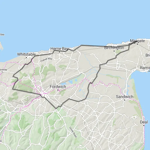 Map miniature of "Majestic Road Tour to Canterbury" cycling inspiration in Kent, United Kingdom. Generated by Tarmacs.app cycling route planner