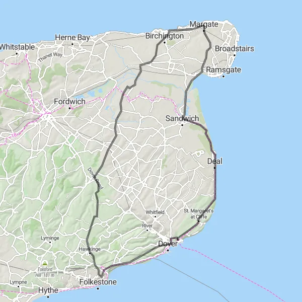 Map miniature of "Dover and Folkestone Road Adventure" cycling inspiration in Kent, United Kingdom. Generated by Tarmacs.app cycling route planner