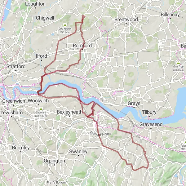 Map miniature of "The Kent Gravel Challenge" cycling inspiration in Kent, United Kingdom. Generated by Tarmacs.app cycling route planner