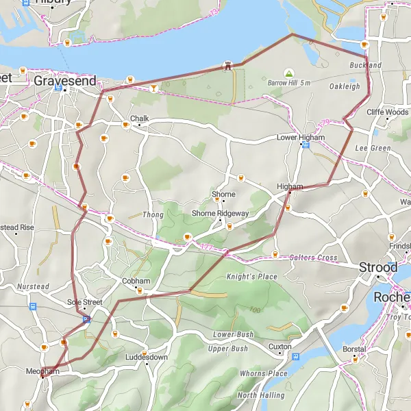 Map miniature of "The Meopham's Gravel Delight" cycling inspiration in Kent, United Kingdom. Generated by Tarmacs.app cycling route planner