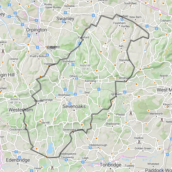 Map miniature of "The Kent Winds Challenge" cycling inspiration in Kent, United Kingdom. Generated by Tarmacs.app cycling route planner